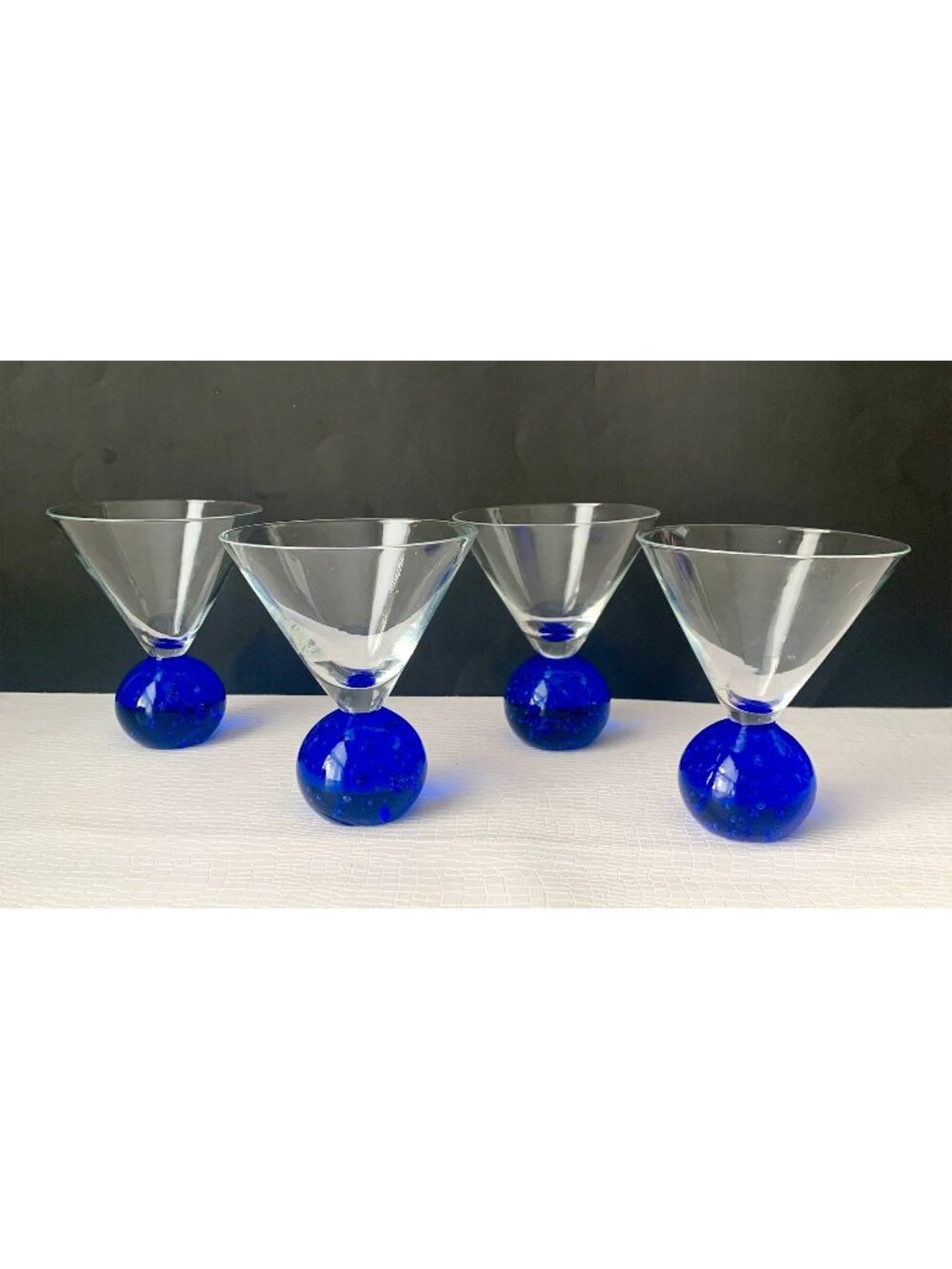 4 Vintage Cobalt Blue Martini Glasses Bubble Ball Bottoms Barware Cocktails